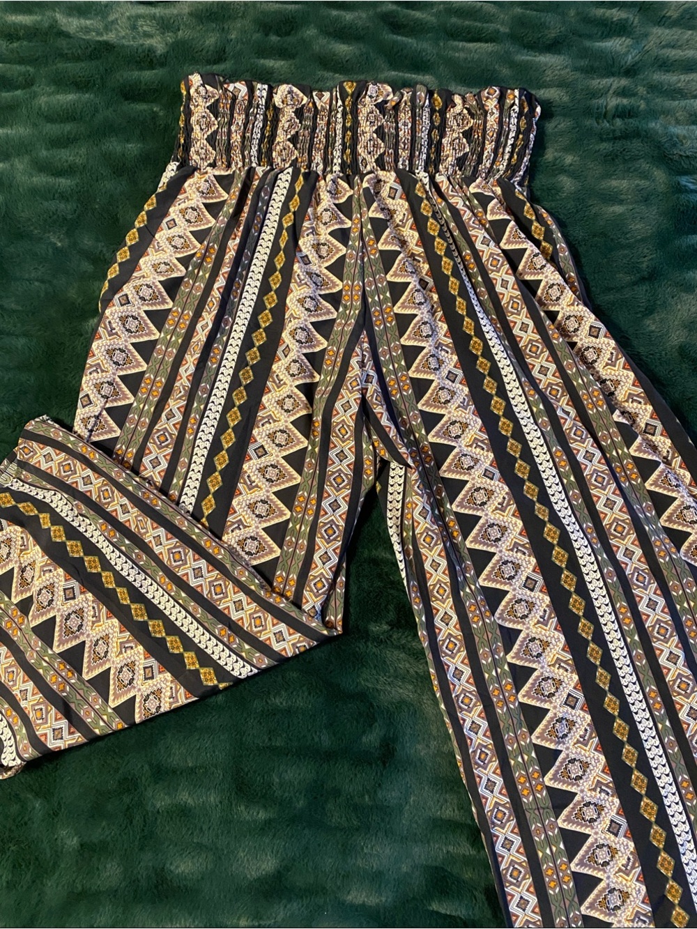 SHEIN Black & Gold Patterned Smocked-Waist Wide-Leg Pants